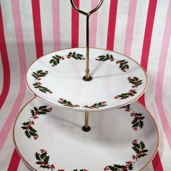Lovely Mid Century Holly Berry 2 Tier Ceramic Plate Tid Bit Holiday Server Japan - Picture 13 of 13